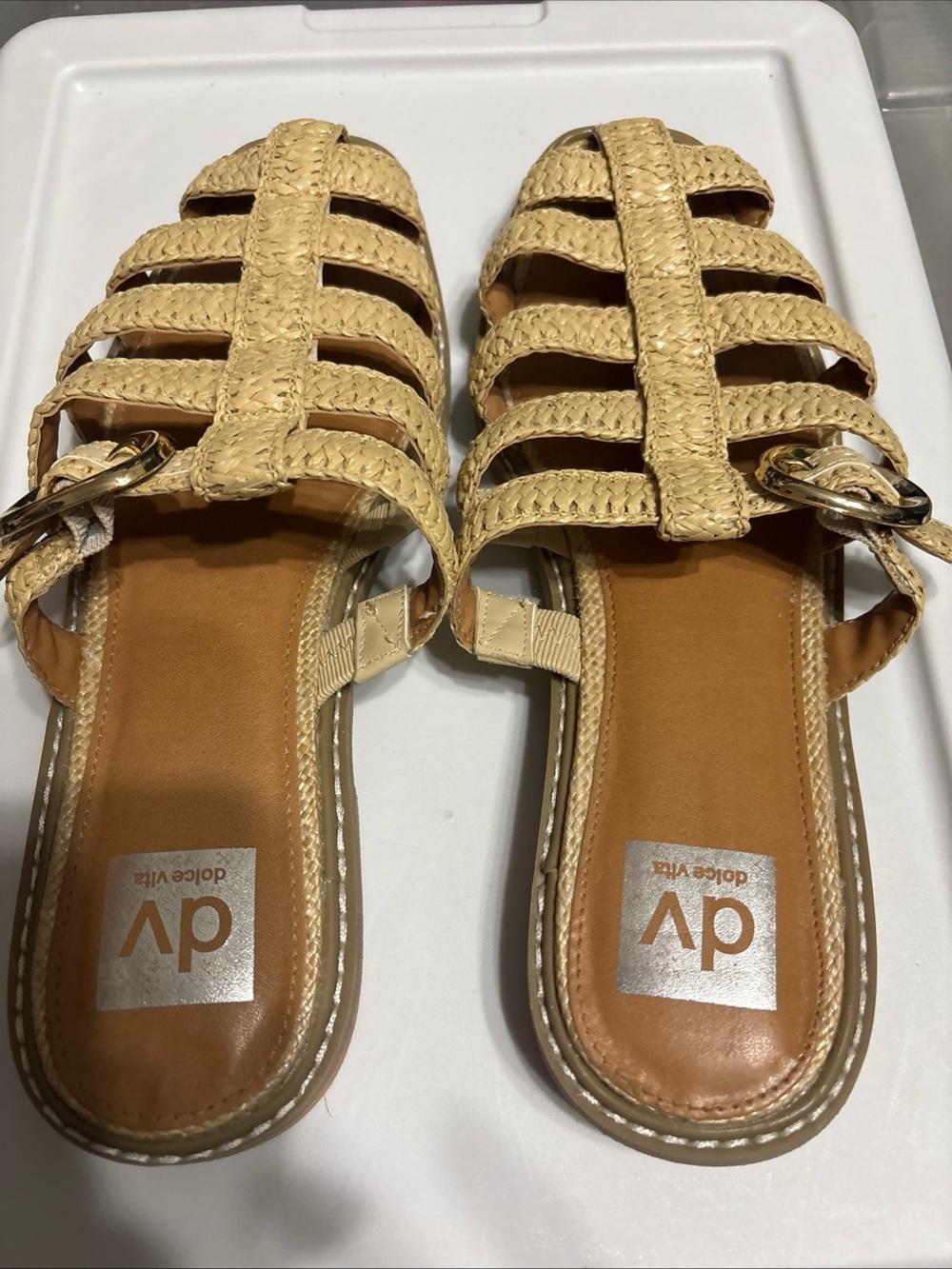 DV by Dolce Vita Woven Tan Slide Sandals with Buckle Accent